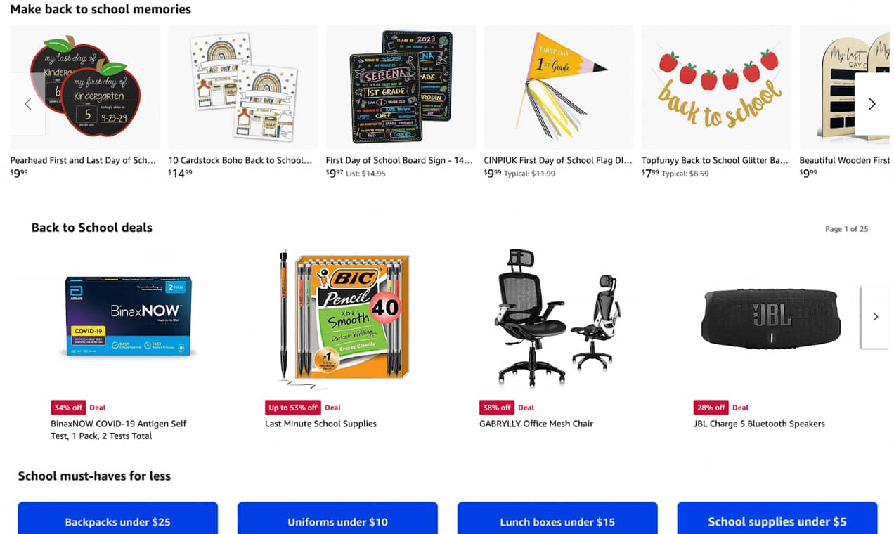 "back to school memories" section of a marketplace