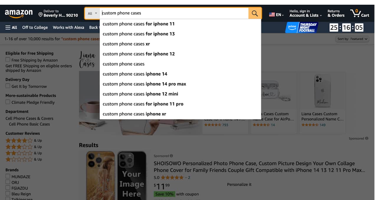 dropdown of searches for custom phone cases on Amazon