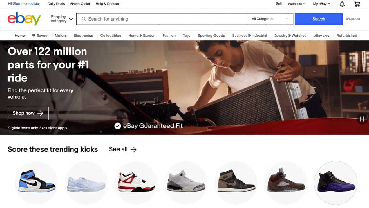 eBay homepage showing trending shoes