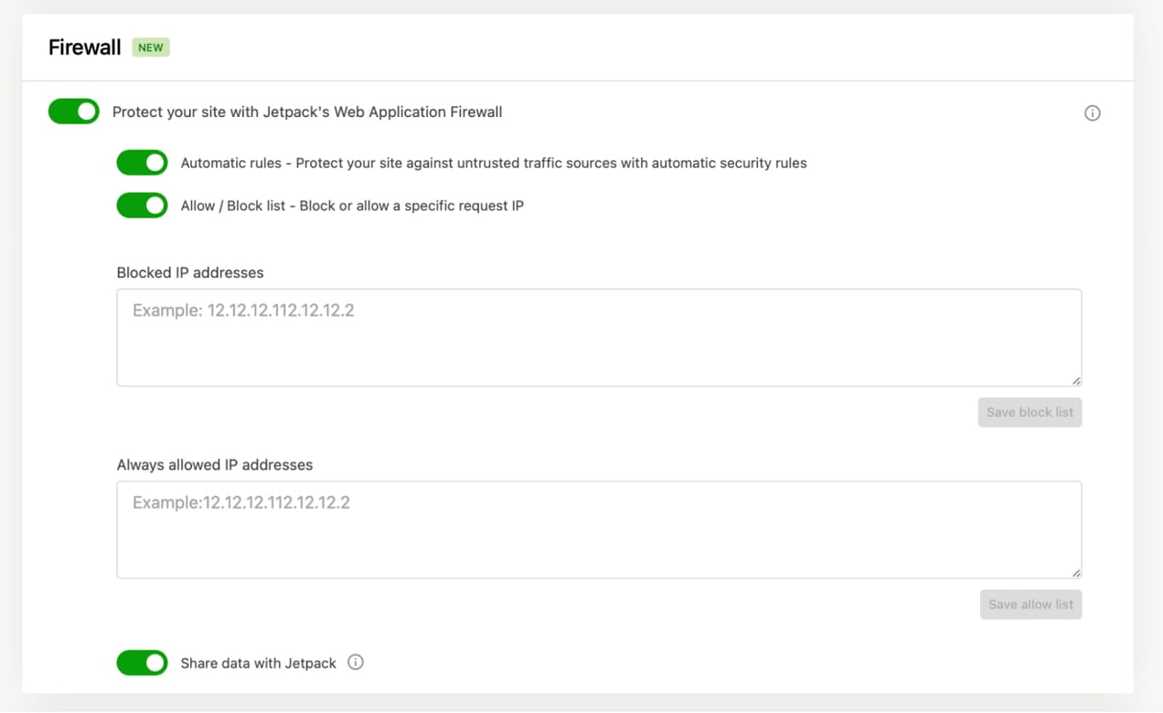 settings to enable the Jetpack firewall