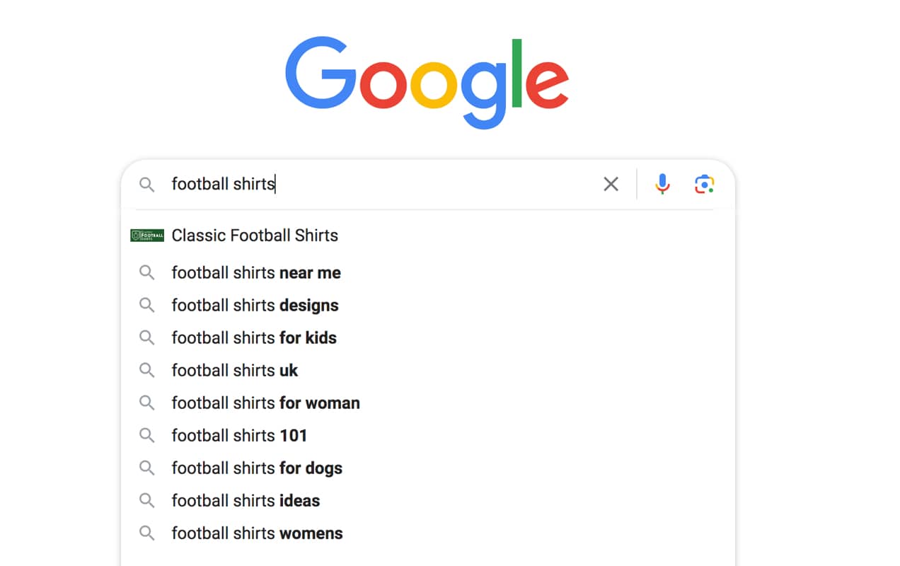 Google search for "football shirts" with a list of suggestions underneath