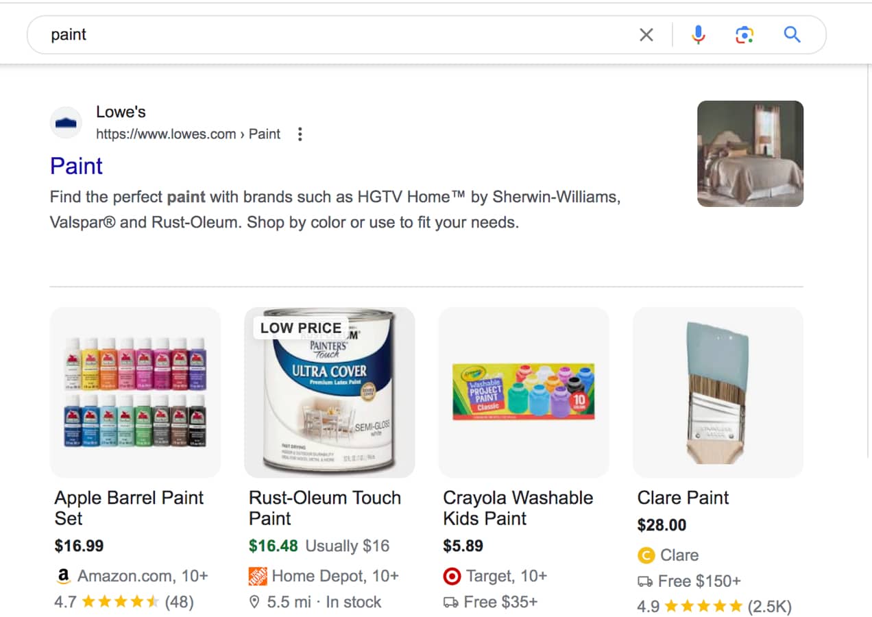 search results for "paint" with listings from Lowe's, Rust-Oleum, and Crayola