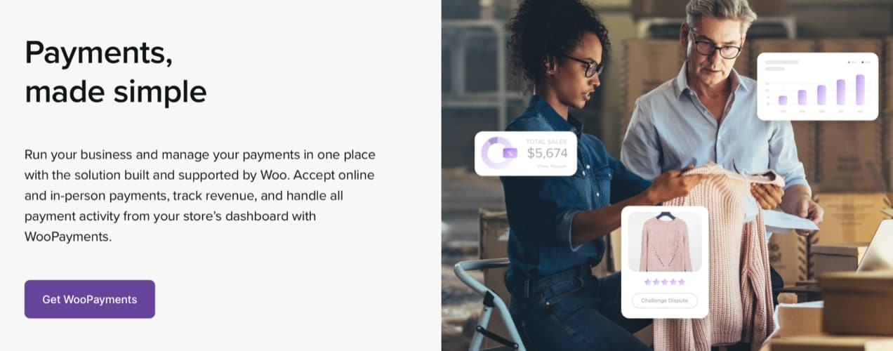 WooPayments page with the text "payments made simple"
