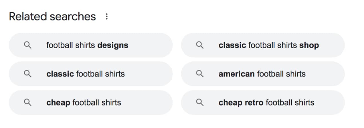 related searches in Google for the keyword "football shirts"
