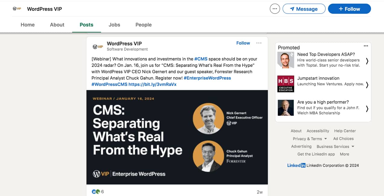 WordPress VIP post on LinkedIn