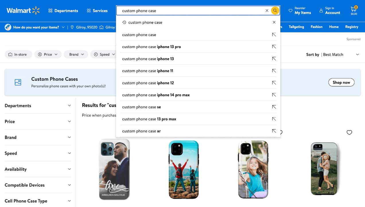 Walmart search for custom phone cases