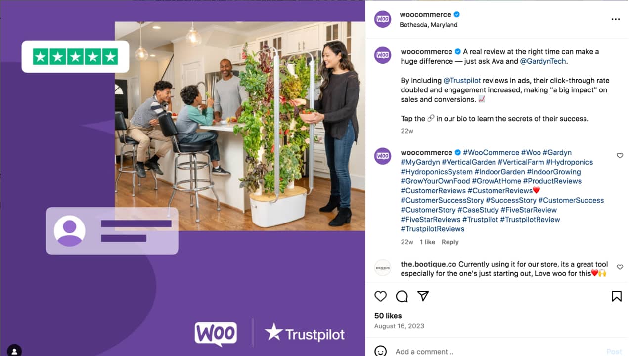 Instagram post from WooCommerce about GardynTech