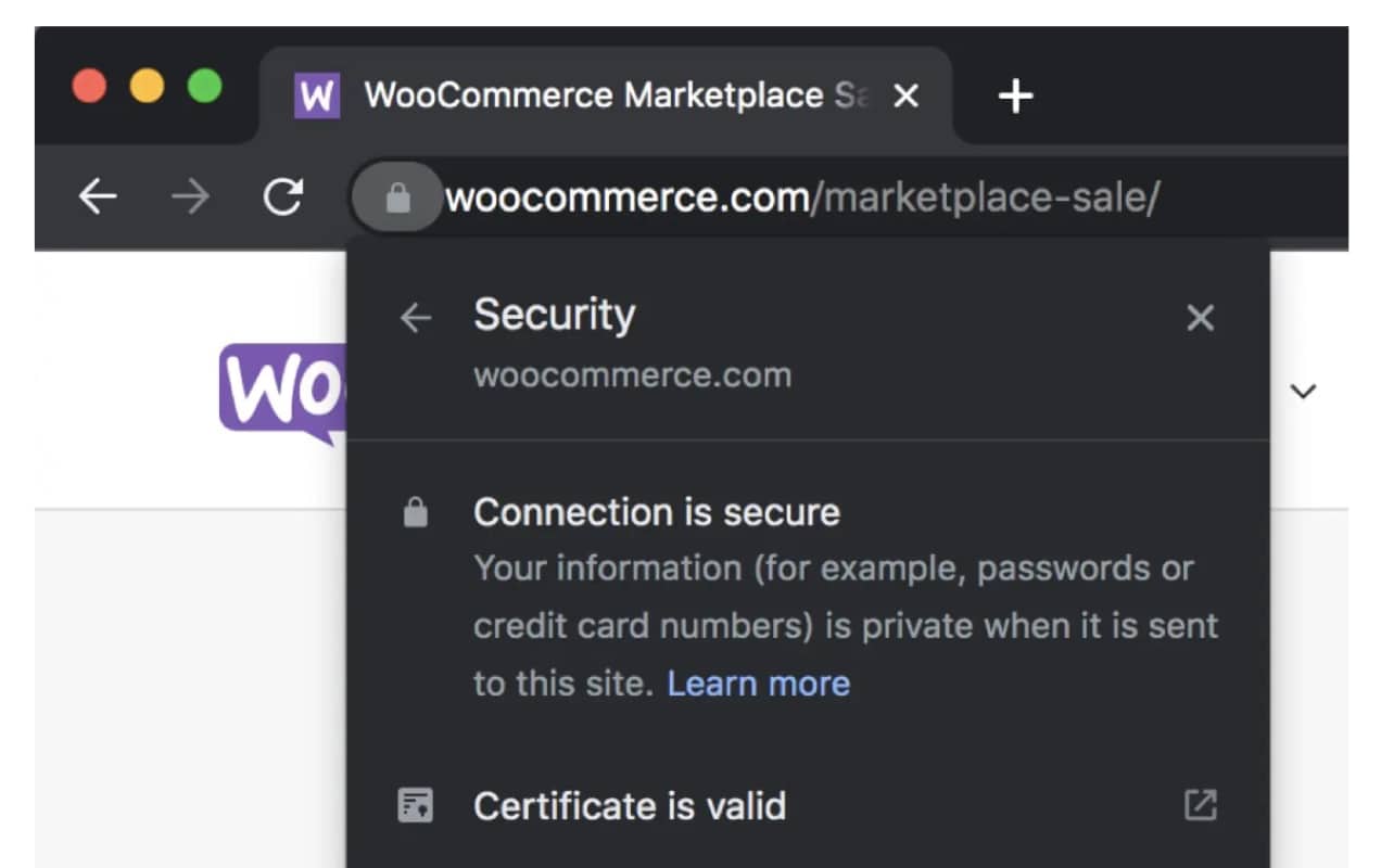 SSL certificate shown on the WooCommerce.com site