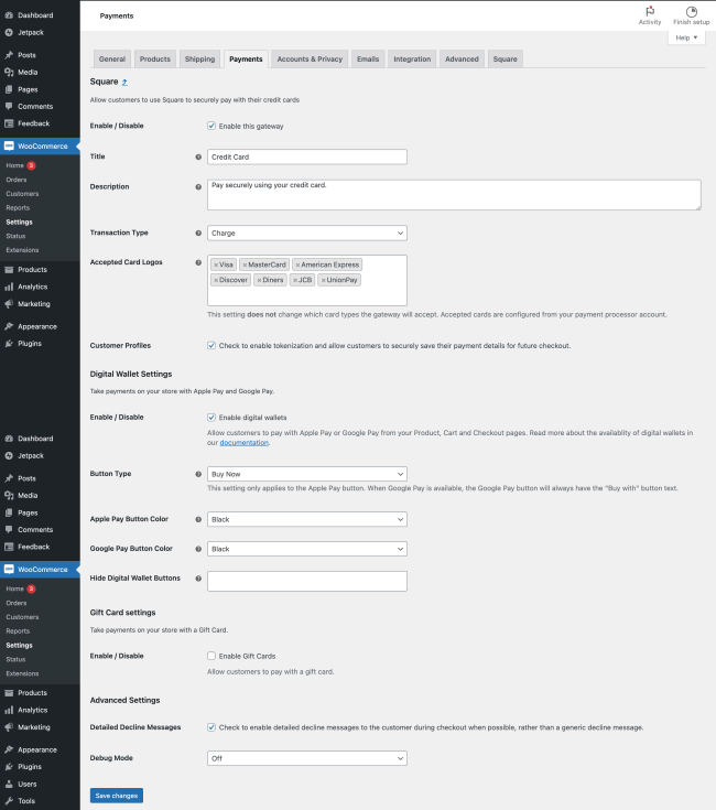 Screenshot showing WooCommerce Square extension settings.