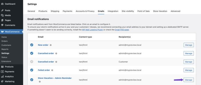 Accessing the reminder email settings