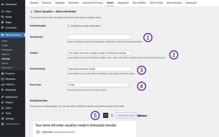 admin reminder email customization