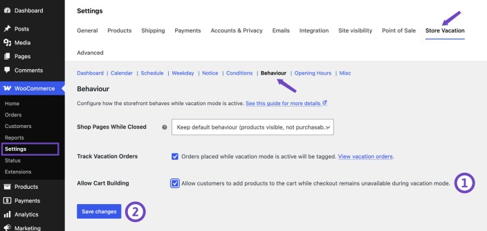 WooCommerce Store Vacation Behaviour settings showing the Allow Cart Building option enabled during vacation mode.