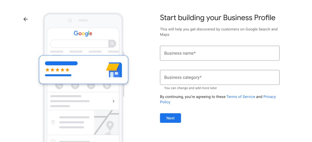 screen to start building a Google business profile