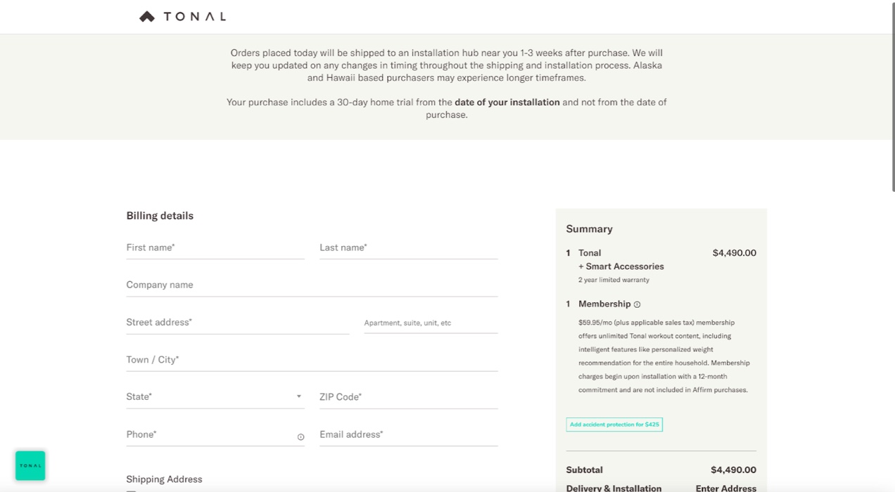 Tonal checkout page