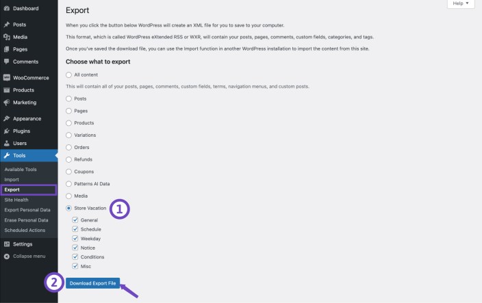 Export store vacation settings