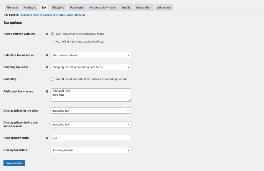 The settings screen at WooCommerce > Settings > Tax > Tax options. It shows the settings as they appear after following the steps in this section. 