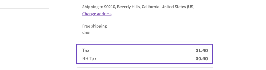 A tax caculation showing a California-based address in specifically the 90210 post code, that attracted a 7% tax and a 2% tax (as per the tax rules configured in this scenario). 