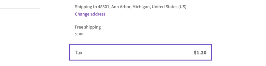 A tax caculation showing a Michigan-based address that was taxed the more general US tax of 6% (as per the tax rules configured in this scenario). 