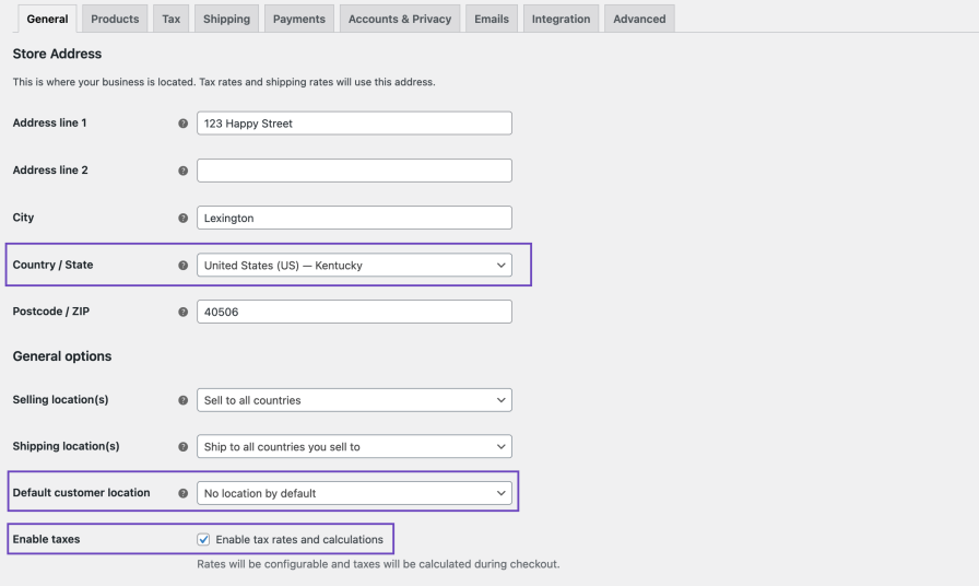 An overview of the scenario's General settings with the 3 relevant settings highlighted. They are Country, Default customer location (set to no location by default), and Enable taxes (checked)