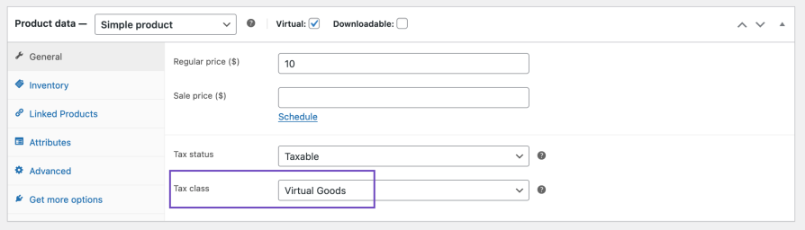 The Product Data > General tab of the virtual product shows that the Tax class is set to Virtual Goods. 