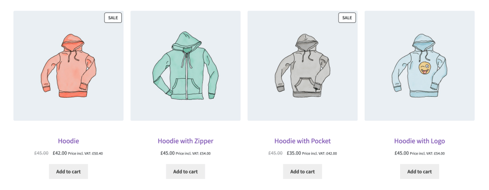 The effect of adding a price display suffix is illustrated on 4 products, the suffix appearing in small print after the normal price. 