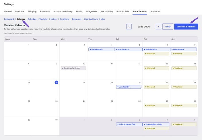 WooCommerce Store Vacation settings screen showing the Vacation Calendar month view with scheduled closures, weekend entries, and a Schedule a Vacation button.