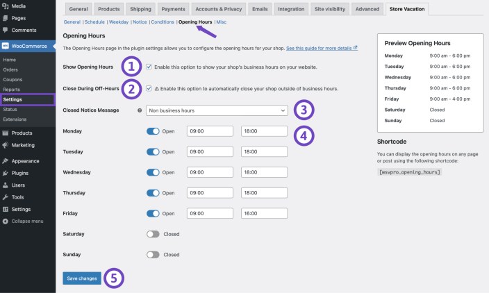 Store Vacation Pro settings for managing WooCommerce store opening hours