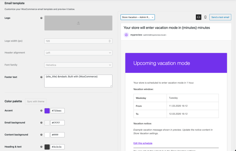 Store Vacation Admin reminder email template