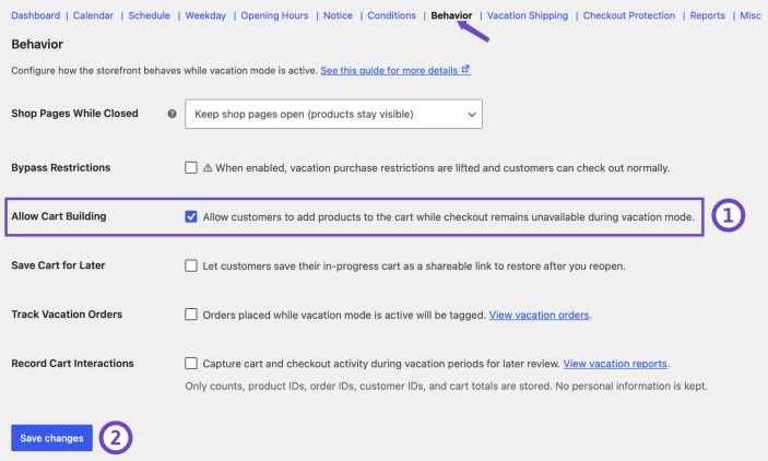 Enable Allow Cart Building in Store Vacation Behavior settings while checkout remains unavailable.