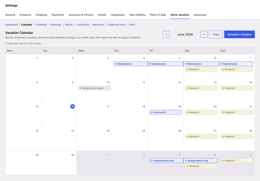 Store Vacation settings calendar showing scheduled vacations, recurring weekend closures, and upcoming checkout availability in a monthly view.