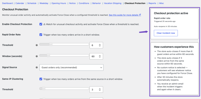 Active Checkout Protection incident showing the triggered signal and automatic reopening time.