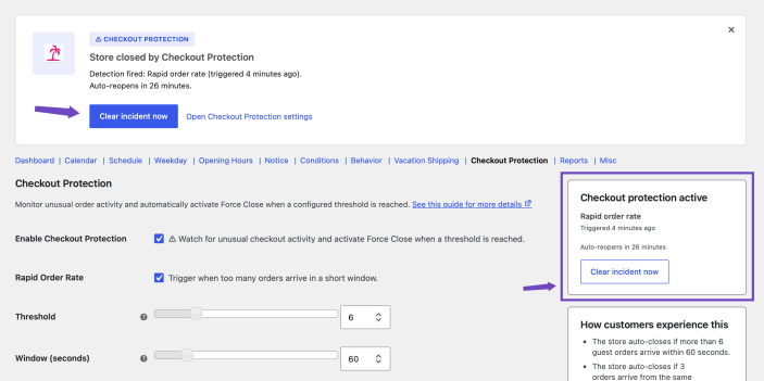 Clear incident now controls in the Checkout Protection administrator notice and settings sidebar.