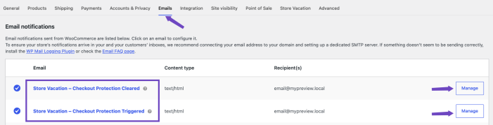 WooCommerce email settings for Checkout Protection Triggered and Checkout Protection Cleared notifications