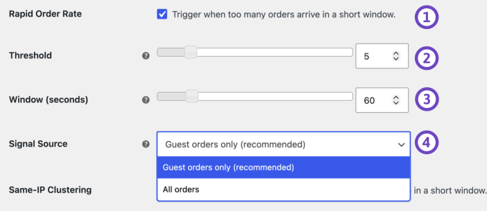Checkout Protection Rapid Order Rate settings with Threshold, Window, and Signal Source controls.
