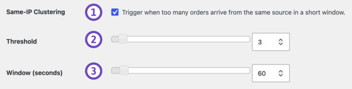 Checkout Protection Same-IP Clustering settings with Threshold and Window controls.