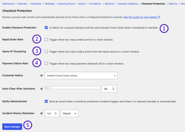 Store Vacation Checkout Protection settings for Rapid Order Rate, Same-IP Clustering, Payment Failure Rate, notices, automatic clearing, and notifications.