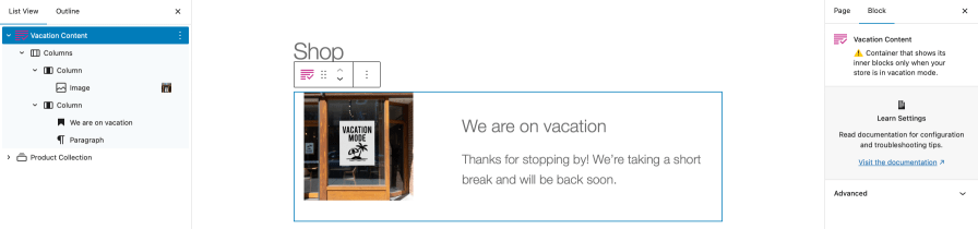 Store vacation content block