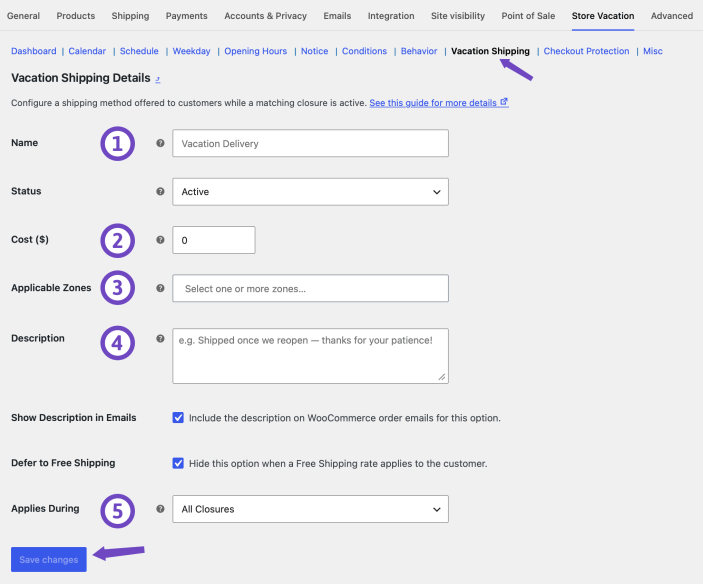 Configure a Vacation Shipping option with name, cost, shipping zones, description, Free Shipping behavior, and applicable closures.