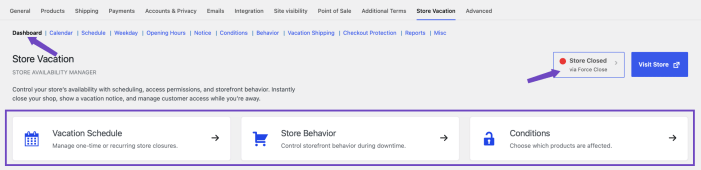 Store Vacation Dashboard showing store status and quick-access cards for Schedule, Behavior, and Conditions.