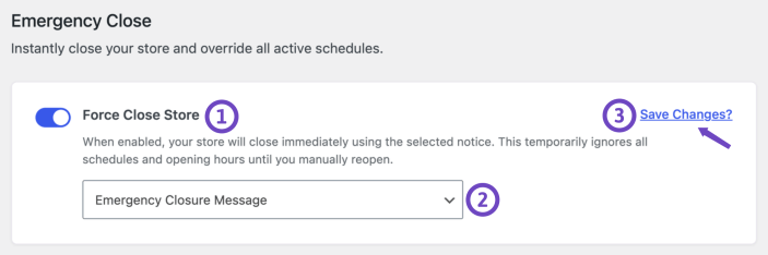 Force Close Store settings with emergency closure toggle and customer notice selection.