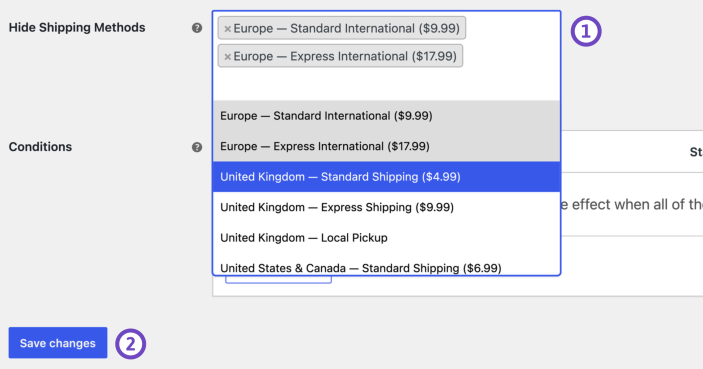 Hide Shipping Methods selector showing WooCommerce shipping methods from multiple shipping zones.