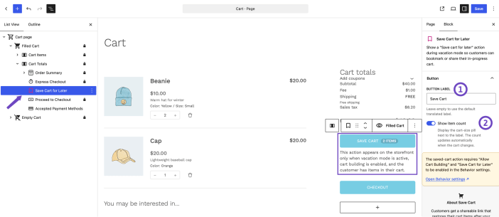 Save Cart for Later block in the WooCommerce Cart editor with custom button label and item count settings.