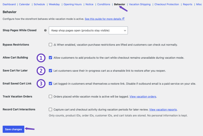 Store Vacation Behavior settings with Allow Cart Building, Save Cart for Later, and Email Saved Cart Link enabled.