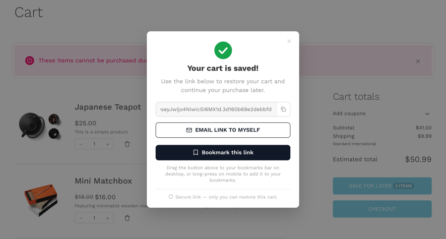 Customer saving a WooCommerce cart to restore and complete the purchase later