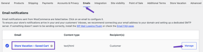 WooCommerce email settings showing the Store Vacation Saved Cart customer email notification.