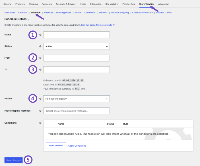 Store Vacation Schedule settings for name, start and end time, notice, hidden shipping methods, and conditions.