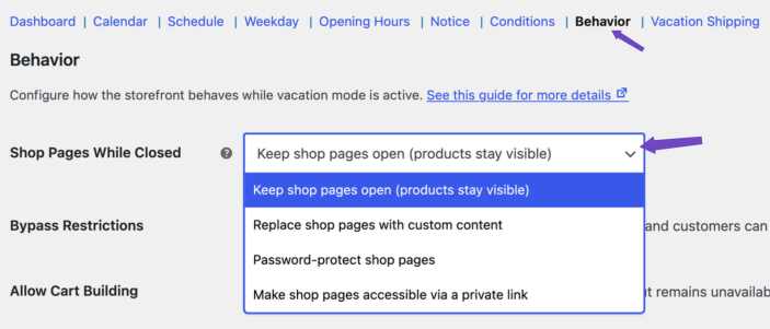 Shop Pages While Closed options for keeping products visible, replacing shop content, password protection, or private-link access.