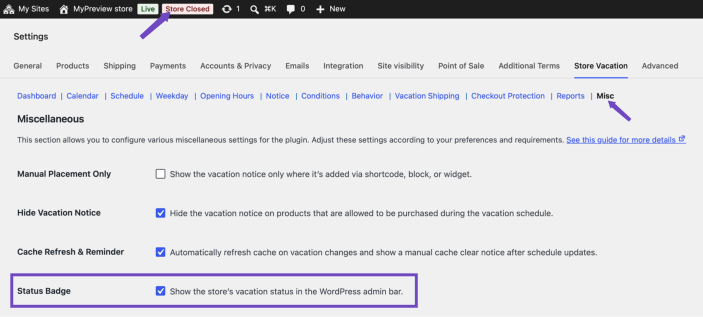 Store Vacation Misc settings with Status Badge enabled and Store Closed status shown in the WordPress admin bar.