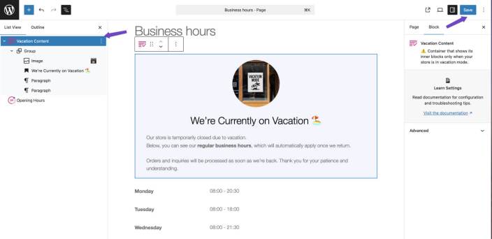 Insert the vacation content block