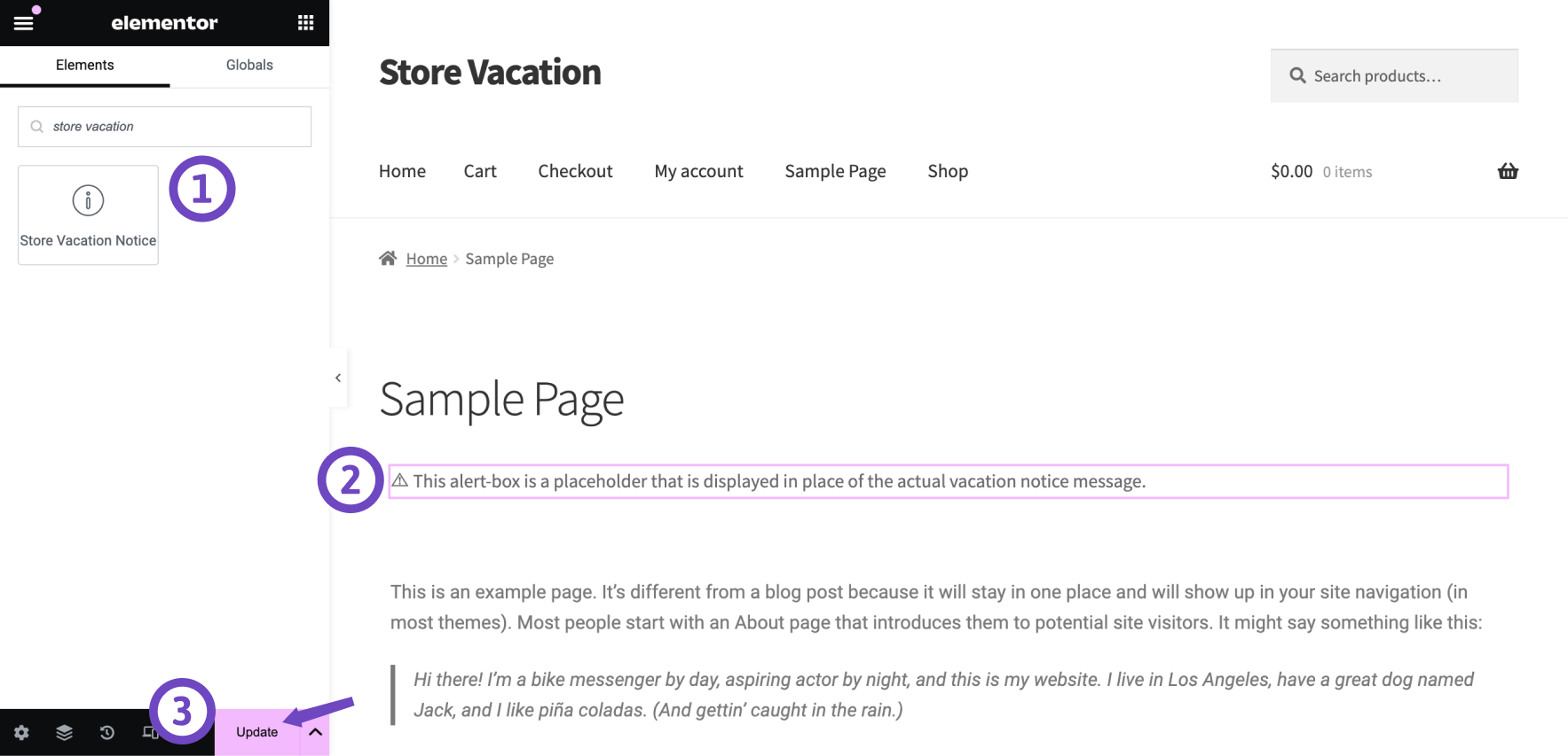 Store Vacation notice Elementor widget
